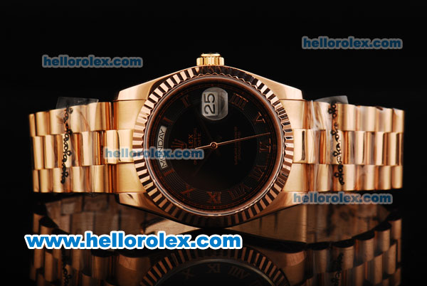 Rolex Day Date Swiss ETA 2836 Automatic Movement Full Rose Gold with Black Dial - Rose Gold Roman Markers - Click Image to Close